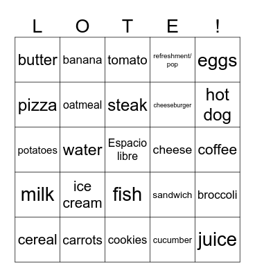 La comida Bingo Card