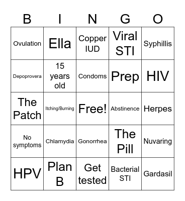 Sexual Health Bingo Card