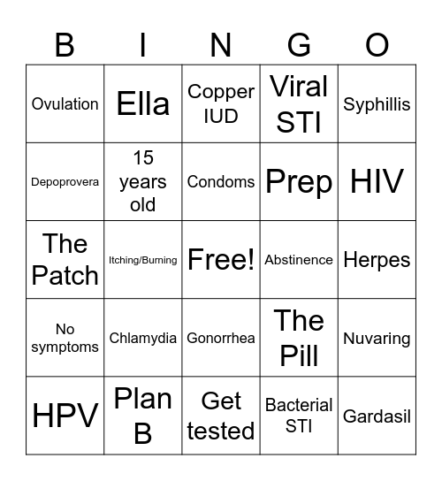 Sexual Health Bingo Card