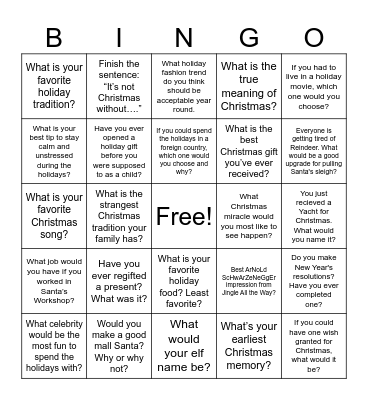 Christmas Questions Bingo Card