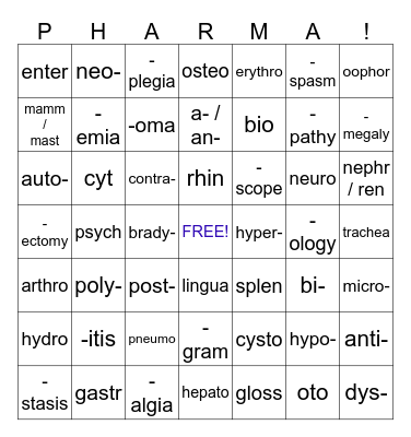 Medical Terminology Bingo Card