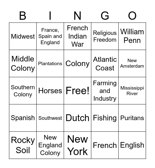 Colonial Review Bingo Card