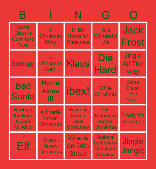 Holiday Movies-Week 2 Bingo Card