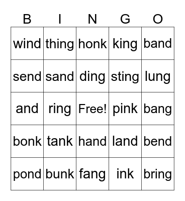 Nd, Ng, Nk words Bingo Card