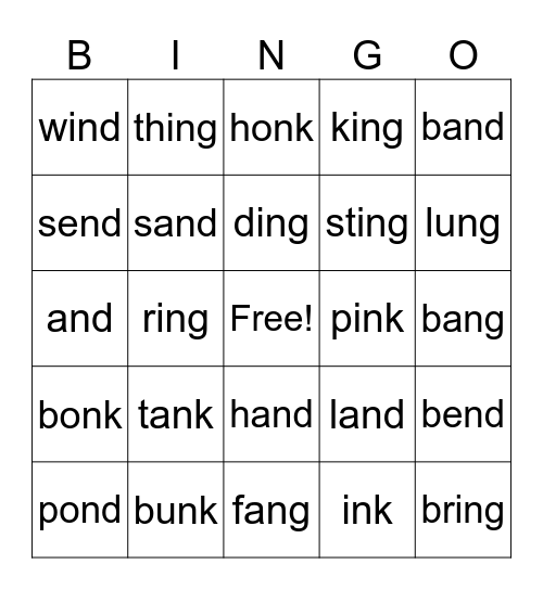 Nd, Ng, Nk words Bingo Card