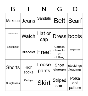 Fashion Bingo- Who is wearing these items today? Bingo Card