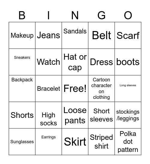 Fashion Bingo- Who is wearing these items today? Bingo Card