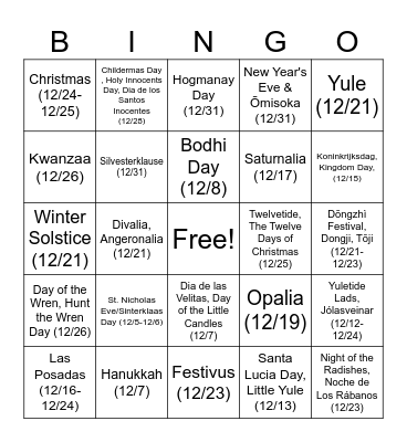December Holidays Around the World 2023 Bingo Card