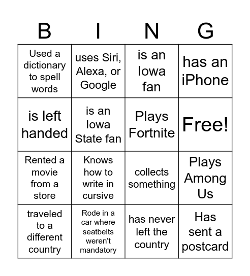 Find Someone who.. Bingo Card