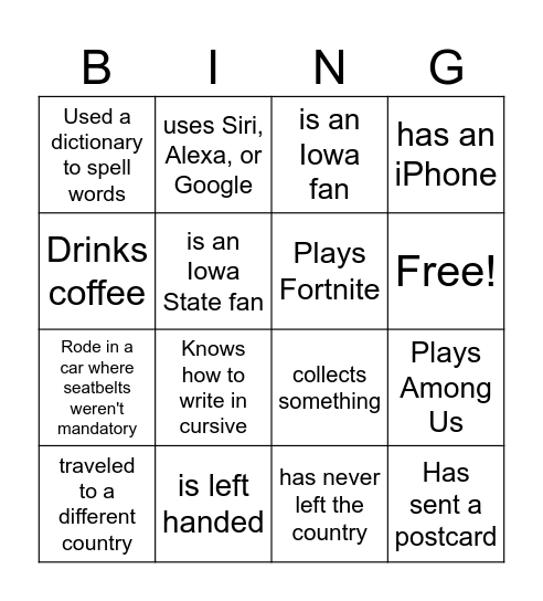 Find Someone who.. Bingo Card