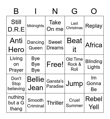 80s/90s Music Bingo Card