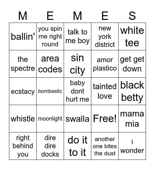 Meme songs Bingo Card