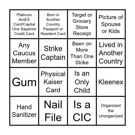 Kaiser Scavenger Hunt Bingo Card