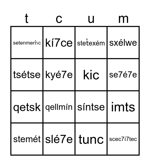 Re k̓wséltkten Bingo Card