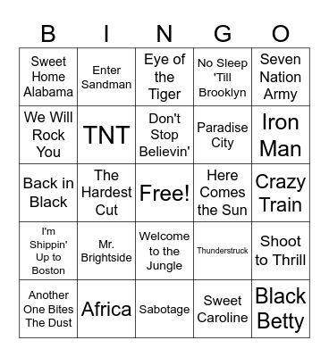 Best Rock Songs Bingo Card