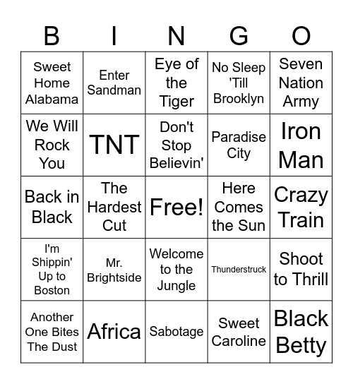 Best Rock Songs Bingo Card