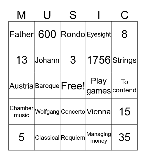 MOZART Bingo Card