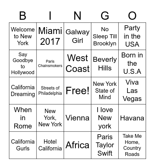 Songs about Places Bingo Card