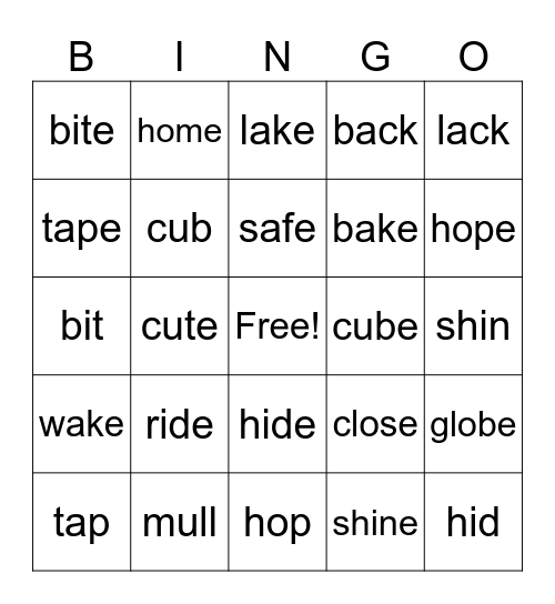 Silent-E Bingo Card
