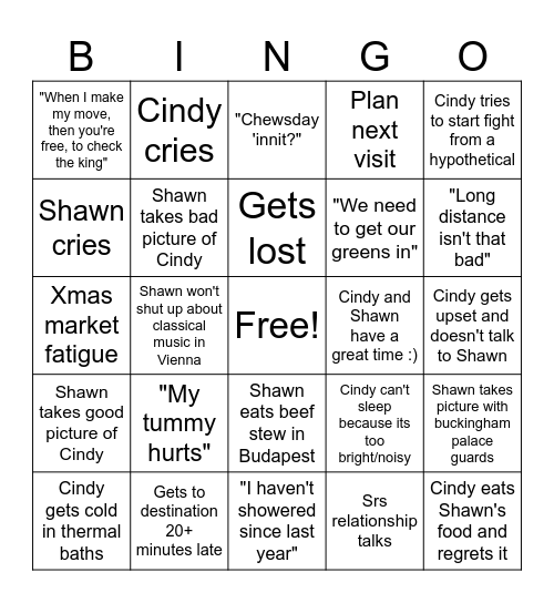 Cindy and Shawn Euro Trip 2023 Bingo Card