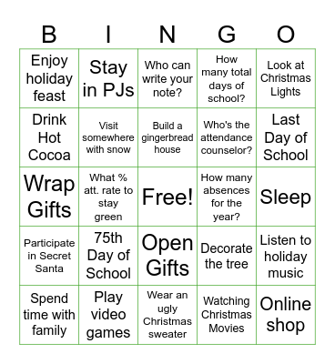 Holiday Attendance Bingo Card