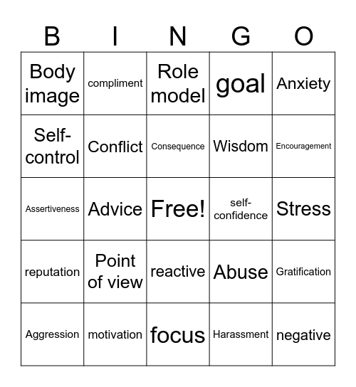 Social Health Bingo Card