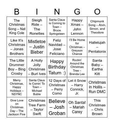 Christmas Singo Bingo Card