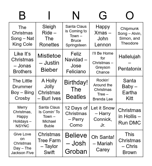 Christmas SINGO Bingo Card