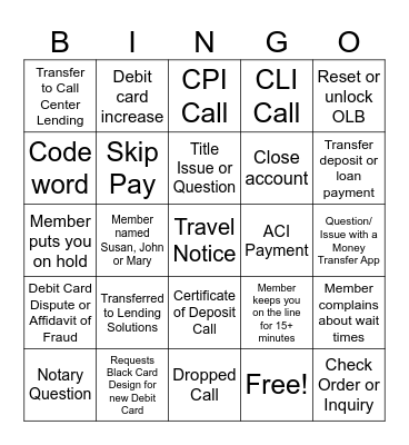 CCU Contact Center Bingo Card