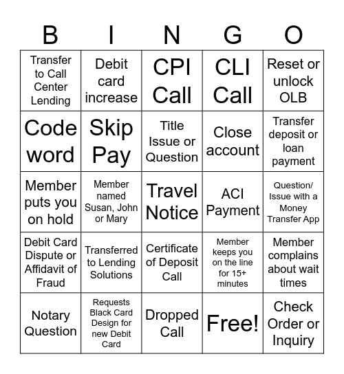 CCU Contact Center Bingo Card