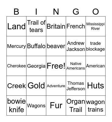Westward Expansion  Bingo Card
