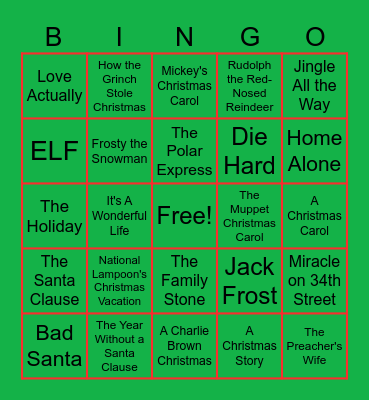 Holiday Movie Bingo Card