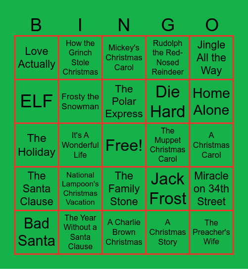 Holiday Movie Bingo Card