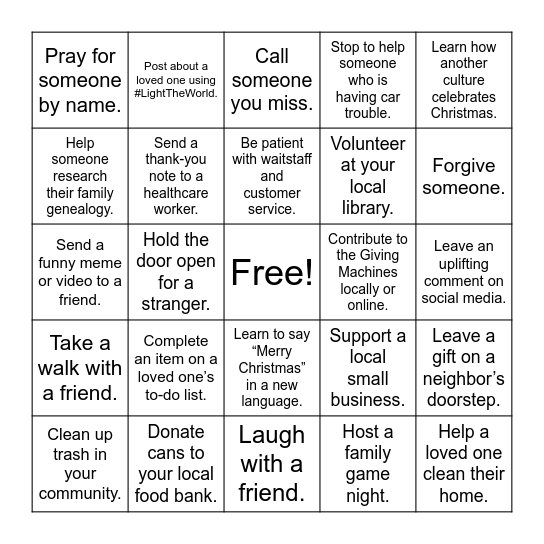 Light the World Bingo Card