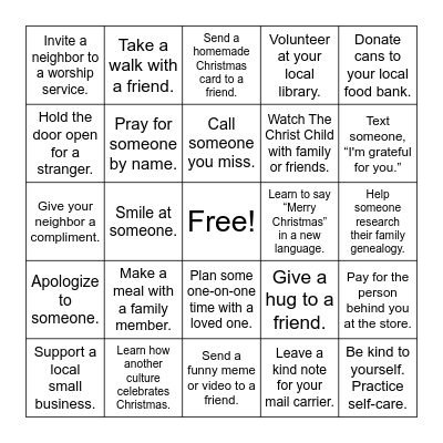 Light the World Bingo Card