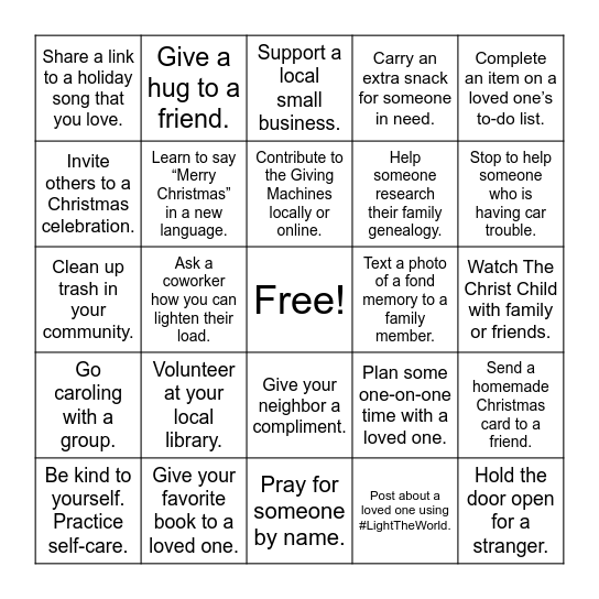 Light the World Bingo Card