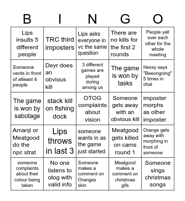 Among us friday Bingo Card