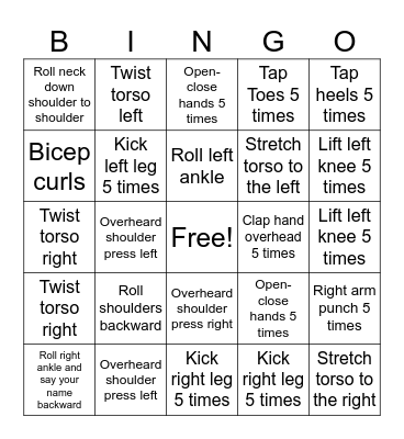 Senior Bingo Exercise Bingo Card