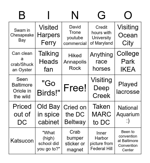Maryland Bingo v2 (less sports) Bingo Card
