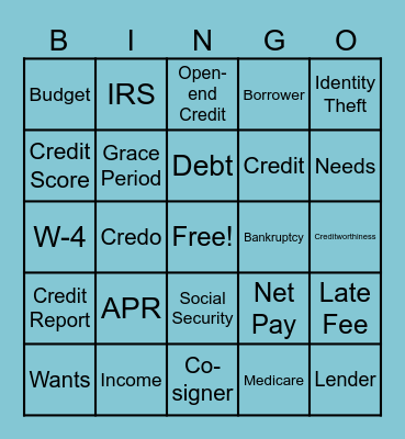 Money-Credit Vocab Words Bingo Card