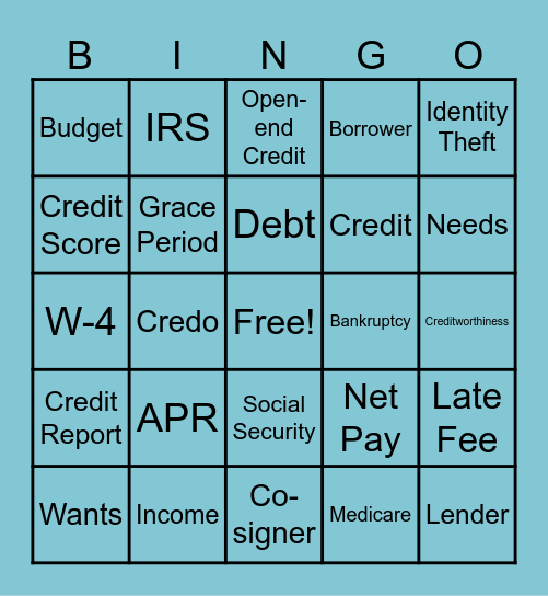 Money-Credit Vocab Words Bingo Card