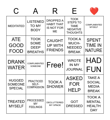 Self-Care Bingo Card