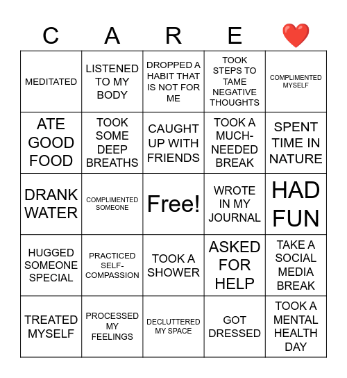 Self-Care Bingo Card