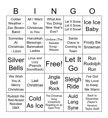 Winter Party Music Bingo Card