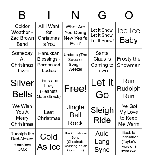 Winter Party Music Bingo Card