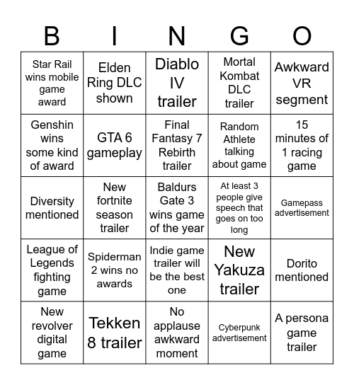 Game Awards 2023 Bingo Card