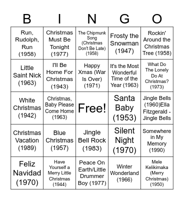 Christmas Songs Bingo Card