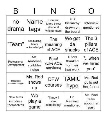 December ACE Meeting Bingo Card