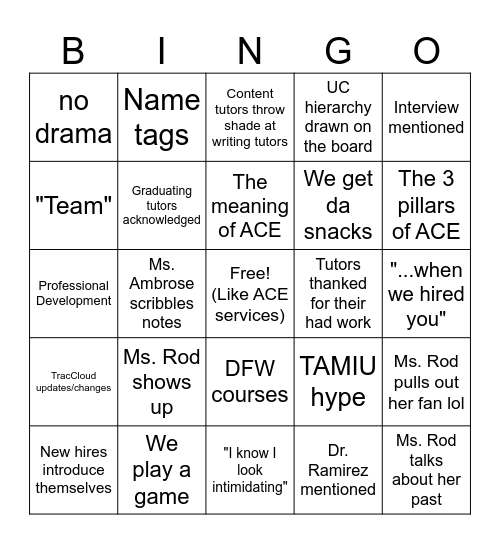 December ACE Meeting Bingo Card