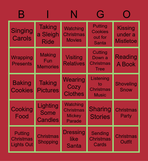 Christmas Activities Bingo Card